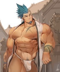 Rule 34 | 1boy, abs, arm tattoo, asymmetrical hair, bara, bare pectorals, bare shoulders, blue eyes, blue hair, bulge, chest tattoo, cowboy shot, facial hair, fundoshi, goatee, gomtang, house, jacket, japanese clothes, large pectorals, leaning to the side, long hair, looking to the side, male focus, male underwear, mature male, muscular, muscular male, navel, navel hair, nipples, no pants, open clothes, open jacket, original, pectorals, ponytail, shark (gomtang), sideburns, sidecut, sleeveless, solo, stomach, tattoo, thick eyebrows, thick thighs, thighs, undercut, underwear, veins, white male underwear