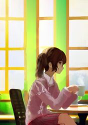 Rule 34 | 1girl, brown eyes, brown hair, chair, closed mouth, commentary request, cup, from side, hair between eyes, highres, holding, holding cup, indoors, japanese clothes, kantai collection, kariginu, long hair, long sleeves, nito (nshtntr), pleated skirt, profile, red skirt, ryuujou (kancolle), sitting, skirt, solo, table, twintails, window