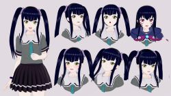 Rule 34 | 1girl, 3d, alternate hairstyle, artist request, black hair, breasts, character sheet, facial tattoo, fingernails, highres, ikkitousen, long hair, looking at viewer, multiple views, ribbon, saji genpou (true), school uniform, shiny clothes, skirt, smile, tattoo, twintails, upper body