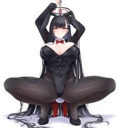 Rule 34 | 1girl, absurdres, alternate costume, animal ears, arms up, black footwear, black hair, black leotard, black pantyhose, blue archive, blush, bow, bowtie, breasts, detached collar, fake animal ears, fake tail, full body, hair ornament, halo, high heels, highleg, highleg leotard, highres, large breasts, leotard, long hair, long sleeves, looking at viewer, pantyhose, parted lips, playboy bunny, pole, rabbit ears, rabbit tail, red bow, red bowtie, red eyes, rio (blue archive), simple background, solo, spread legs, squatting, stripper pole, tail, thighs, very long hair, white background, yoru0409