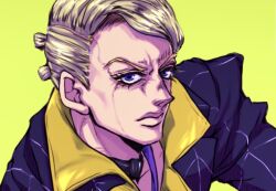 Rule 34 | 1boy, arrow print, blonde hair, close-up, formal, highres, jojo no kimyou na bouken, male focus, multiple hair buns, official style, prosciutto, purple eyes, ruushii (lucy steel6969), solo, suit, vento aureo, yellow background