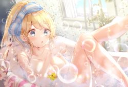 Rule 34 | 1girl, bath, bathing, bathtub, blonde hair, blue eyes, bow, breasts, bubble, chestnut mouth, cleavage, emu alice, gomano rio, hair bow, highres, large breasts, legs up, liver city, long hair, nude, parted lips, ponytail, slipper bathtub, soap bubbles, solo