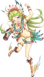 1girl alcohol armpits artist_request aztec bottle breasts drunk green_hair hair_ornament highres holding holding_bottle legend_clover long_hair official_art one_eye_closed open_mouth purple_eyes quetzalcoatl_(legend_clover) solo third-party_source transparent_background