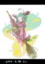 Rule 34 | 1girl, :d, ahoge, animal ears, barefoot, broom, capelet, dated, dog ears, dog tail, full body, green hair, grind, highres, holding, kasodani kyouko, letterboxed, long sleeves, looking to the side, namauni, one eye closed, open mouth, shirt, short hair, simple background, skirt, skirt set, smile, solo, tail, touhou, white background