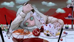 Rule 34 | 2girls, alcohol, cake, crazy, crazy eyes, cup, cupcake, dango, drinking glass, female focus, food, fork, fruit, head on table, highres, icing, knife, masuda hijiki, mini person, minigirl, multiple girls, original, pasta, pomegranate, spaghetti, symbol-shaped pupils, table, tablecloth, wagashi, white hair, wide-eyed, wine, wine glass