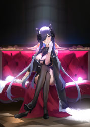Rule 34 | 1girl, absurdres, animal ears, august von parseval (azur lane), azur lane, black dress, black footwear, black horns, black thighhighs, breasts, cleavage, cleavage cutout, clothing cutout, couch, crossed legs, dress, fake animal ears, full body, gloves, hair over one eye, hand on own cheek, hand on own face, high heels, highres, horns, large breasts, long bangs, long hair, looking at viewer, mechanical horns, microdress, pat bharasarn, purple eyes, purple hair, shoes, sitting, solo, thighhighs, very long hair, white gloves