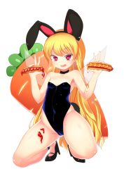 Rule 34 | &gt;:d, 1girl, :d, animal ears, ankle cuffs, blonde hair, breasts, rabbit ears, rabbit tail, carrot, character name, choker, clownpiece, double v, eila yagyu, fairy wings, fake animal ears, fishnets, full body, heart, heart-shaped pupils, high heels, hot dog, long hair, naughty face, open mouth, pink eyes, playboy bunny, sexually suggestive, small breasts, smile, solo, squatting, symbol-shaped pupils, tail, thick thighs, thighs, touhou, tsurime, v, v-shaped eyebrows, very long hair, wings