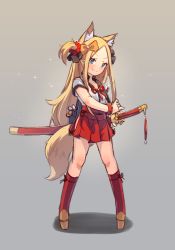 Rule 34 | 1girl, abigail williams (fate), animal ear fluff, animal ears, blonde hair, blue eyes, blush, bow, closed mouth, clothing cutout, cosplay, fate/extra, fate/extra ccc, fate/extra ccc fox tail, fate/grand order, fate (series), fighting stance, forehead, fox ears, fox girl, fox tail, full body, grey background, hair bow, hair ornament, hair scrunchie, katana, kemonomimi mode, kneehighs, long hair, looking at viewer, miya (miyaruta), neck ribbon, orange bow, parted bangs, pleated skirt, ready to draw, red ribbon, red scrunchie, red skirt, red socks, ribbon, scrunchie, shadow, sheath, sheathed, shirt, short sleeves, side cutout, skirt, smile, socks, solo, standing, suzuka gozen (fate), suzuka gozen (fate) (cosplay), sword, tail, two side up, v-shaped eyebrows, very long hair, weapon, white shirt