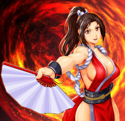 Rule 34 | 1girl, absurdres, breasts, fan, fatal fury, fire, highres, large breasts, long hair, ponytail, shiranui mai