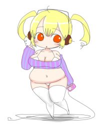 Rule 34 | 1girl, belly, blonde hair, breasts, chibi, cleavage, digital media player, hatomilkyt, headphones, large breasts, nitroplus, plump, red eyes, solo, standing, super pochaco, twintails