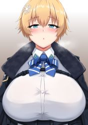 Rule 34 | 1girl, :o, absurdres, black jacket, blonde hair, blue bow, blue bowtie, blue eyes, blush, bow, bowtie, breasts, buckle, collared shirt, commentary, girls&#039; frontline, gradient background, hair between eyes, hair ornament, highres, jacket, large breasts, looking at viewer, magazine (weapon), mole, mole under eye, open clothes, open jacket, parted lips, shirt, short hair, sidelocks, simple background, snap-fit buckle, snowflake hair ornament, solo, steam, striped bow, striped bowtie, striped clothes, upper body, vsk-94 (girls&#039; frontline), white shirt, wuwusan