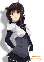 Rule 34 | 1girl, anchor symbol, arms behind back, black bodysuit, black headband, black skirt, bodysuit, brown hair, clothes writing, commentary request, corset, cowboy shot, dated, hachimaki, hair flaps, hatsuzuki (kancolle), headband, highres, johssnny, kantai collection, looking at viewer, neckerchief, one-hour drawing challenge, short hair, simple background, skirt, solo, twitter username, white background, yellow eyes