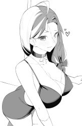 Rule 34 | 1girl, absurdres, ahoge, bikini, bikini top only, blunt ends, blush, breasts, byeon dha, choker, commentary, diamond-shaped pupils, diamond (shape), english commentary, greyscale, hair over shoulder, highres, hololive, hololive indonesia, kureiji ollie, large breasts, long hair, looking at viewer, mismatched pupils, monochrome, multicolored hair, parted hair, parted lips, patchwork skin, sallie (kureiji ollie), solo, stitched arm, stitched face, stitched torso, stitches, swimsuit, symbol-shaped pupils, virtual youtuber, x-shaped pupils, zombie