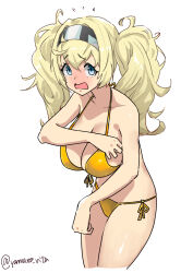 Rule 34 | 1girl, absurdres, bikini, blonde hair, blue eyes, breasts, cowboy shot, front-tie bikini top, front-tie top, gambier bay (kancolle), gold bikini, hairband, highres, kantai collection, large breasts, long hair, multicolored hairband, one-hour drawing challenge, open mouth, side-tie bikini bottom, simple background, solo, swimsuit, twintails, twitter username, wavy hair, white background, yamano rita