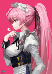 Rule 34 | 1girl, puff of air, absurdres, adjusting collar, alternate hairstyle, apron, black ribbon, black vest, blush, breasts, buckle, character name, cropped vest, dress, framed breasts, from side, girls&#039; frontline, hair ribbon, hand on own hip, highres, juliet sleeves, kyjsogom, long hair, long sleeves, maid, maid headdress, neck ribbon, ntw-20 (girls&#039; frontline), ntw-20 (the aristocrat experience) (girls&#039; frontline), official alternate costume, parted lips, pink background, pink eyes, pink hair, ponytail, puffy sleeves, ribbon, sidelocks, signature, simple background, solo, tassel, very long hair, vest