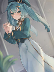 Rule 34 | 1girl, absurdres, aqua hair, aqua nails, blurry, blurry background, blush, breasts, closed mouth, commentary request, commission, cowlick, dress, faruzan (genshin impact), genshin impact, green eyes, hair ornament, hat, highres, jewelry, long hair, looking at viewer, neck ring, own hands together, pixiv commission, ring, small breasts, solo, symbol-shaped pupils, triangle-shaped pupils, tsurime, twintails, upper body, ura (hamburg oniku), white dress, wristlet, x hair ornament