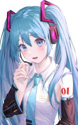 Rule 34 | 1girl, :d, absurdres, aqua necktie, bad id, bad pixiv id, black sleeves, blouse, blue eyes, blue hair, collared dress, collared shirt, detached sleeves, dress, hair between eyes, hatsune miku, headset, highres, kongsi, long hair, long sleeves, microphone, necktie, open mouth, shirt, shoulder tattoo, simple background, sleeveless, sleeveless dress, sleeveless shirt, smile, solo, tattoo, twintails, upper body, very long hair, vocaloid, white background, white dress, white shirt, wing collar