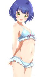 Rule 34 | 1girl, :d, arched back, arms behind back, bare arms, bare shoulders, blue bra, blue hair, blue panties, bra, breasts, cowboy shot, fang, fluno, frilled bra, frilled panties, frills, gochuumon wa usagi desu ka?, groin, highres, jouga maya, lingerie, looking at viewer, navel, open mouth, panties, red ribbon, ribbon, short hair, simple background, small breasts, smile, solo, standing, straight hair, underwear, underwear only, white background, yellow eyes