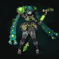 Rule 34 | 1girl, aqua hair, black background, closed mouth, commentary, english commentary, full body, green eyes, hatsune miku, highres, holding, holding weapon, kabewski, long hair, looking at viewer, robot girl, science fiction, simple background, solo, standing, twintails, very long hair, vocaloid, warhammer 40k, weapon