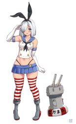 Rule 34 | 1girl, black hairband, black neckerchief, black panties, blue eyes, blue sailor collar, blue skirt, breasts, commission, cosplay, crop top, elbow gloves, finalcake, full body, gloves, hair ornament, hair over one eye, hairband, hairclip, hamakaze (kancolle), highleg, highleg panties, highres, kantai collection, microskirt, miniskirt, neckerchief, panties, pleated skirt, rensouhou-chan, sailor collar, shimakaze (kancolle), shimakaze (kancolle) (cosplay), short hair, silver hair, simple background, skirt, standing, striped clothes, striped thighhighs, thighhighs, underwear, white background, white gloves