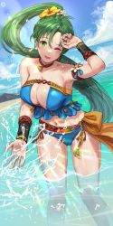 Rule 34 | 1girl, arm strap, armpits, beach, belt, bikini, blue bikini, blue sky, breasts, choker, cleavage, cloud, collarbone, day, earrings, eyebrows hidden by hair, feet out of frame, fire emblem, fire emblem: the blazing blade, fire emblem heroes, floating hair, flower, gluteal fold, green eyes, green hair, groin, hair flower, hair ornament, highres, ippers, jewelry, large breasts, leaning forward, lens flare, long hair, looking at viewer, lyn (fire emblem), lyn (summer) (fire emblem), mountain, navel, nintendo, official alternate costume, one eye closed, ponytail, sash, shadow, sky, solo, splashing, stomach, swimsuit, tassel, thighs, very long hair, wading, water, wrist guards, yellow sash