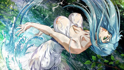 Rule 34 | 1girl, arched back, ass, bare shoulders, blue hair, bouncing breasts, breasts, collarbone, covered erect nipples, dress, dutch angle, eyelashes, eyeshadow, female focus, from behind, green eyes, highres, iconic field, japan animator expo, large breasts, leaning back, lips, long hair, looking at viewer, makeup, md5 mismatch, nature, nipples, no bra, nolia, outdoors, see-through, sleeveless, sleeveless dress, solo, spaghetti strap, splashing, standing, strap slip, very long hair, wading, wallpaper, water, water drop, wet, wet clothes, wet hair, white dress