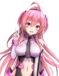 Rule 34 | 1girl, ahoge, black necktie, breasts, commentary request, detached sleeves, gloves, hair between eyes, halo, hand up, highres, long hair, looking at viewer, medium breasts, navel, necktie, open mouth, pink eyes, pink hair, rasis, shirueru, simple background, smile, solo, sound voltex, v, white background, white gloves