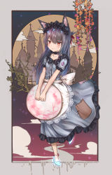 Rule 34 | 1girl, absurdres, animal ears, apron, black choker, blue dress, blue footwear, blush, building, buttons, cat ears, choker, closed mouth, cloud, collarbone, commentary request, dress, frilled dress, frills, full body, grey hair, hair ribbon, headdress, high heels, highres, holding, lace trim, leg up, long hair, looking at viewer, luminous, maid, maid apron, original, red eyes, red ribbon, ribbon, shoes, short sleeves, solo, tree, white apron