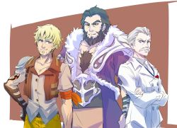 Rule 34 | 3boys, asymmetrical sleeves, beard, black hair, blonde hair, chest hair, commentary request, crossed arms, facial hair, father&#039;s day, ghira belladonna, iesupa, jacques schnee, male focus, manly, multiple boys, mustache, rwby, stubble, taiyang xiao long, uneven sleeves, white hair