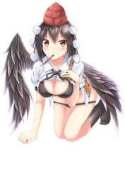 Rule 34 | 1girl, absurdres, akiteru (akiteru98), all fours, arm support, black bra, black hair, black panties, black ribbon, black socks, black wings, blush, bra, breasts, breasts out, commentary request, convenient arm, feathered wings, full body, groin, hair between eyes, hand on own chest, hand up, hat, highres, kneehighs, medium breasts, mouth hold, neck ribbon, no shoes, open clothes, open shirt, panties, panty pull, pencil, pom pom (clothes), puffy short sleeves, puffy sleeves, red eyes, ribbon, shameimaru aya, shiny skin, shirt, short sleeves, simple background, socks, solo, tassel, thighs, tokin hat, touhou, underwear, v-shaped eyebrows, white background, white shirt, wing collar, wings