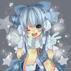 Rule 34 | 1girl, blue eyes, blue hair, bow, cirno, earmuffs, female focus, gloves, hair bow, mata, matching hair/eyes, open mouth, short hair, smile, solo, star (symbol), symbol-shaped pupils, embodiment of scarlet devil, touhou, v, wink