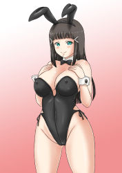 Rule 34 | 1girl, animal ears, aqua eyes, artist name, artist request, bare legs, bare shoulders, black bow, black hair, black leotard, blunt bangs, bow, bowtie, breasts, cleavage, collarbone, female focus, green eyes, hand on own chest, highres, kurosawa dia, leotard, long hair, looking at viewer, love live!, love live! sunshine!!, medium breasts, mole, mole under mouth, nail, nail polish, pink background, pink nails, playboy bunny, rabbit ears, solo, white background, white wrist cuffs, wing collar, wrist cuffs