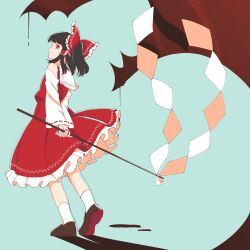 Rule 34 | 1girl, absurdres, black hair, blue background, bow, brown footwear, chisa yasunaga, collared shirt, detached sleeves, frilled bow, frilled shirt collar, frilled skirt, frills, from behind, full body, gohei, hair bow, hakurei reimu, highres, holding, holding gohei, looking at viewer, looking back, ponytail, red bow, red eyes, red shirt, red skirt, ribbon-trimmed sleeves, ribbon trim, shadow, shirt, skirt, skirt set, sleeveless, sleeveless shirt, smile, socks, solo, standing, touhou, white sleeves, white socks, wide sleeves, wily beast and weakest creature