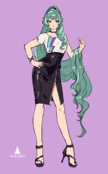 Rule 34 | 1girl, absurdly long hair, alternate hair color, bad id, bad pixiv id, black skirt, bracelet, casual, character name, choker, collarbone, full body, green hair, hand on own hip, high-waist skirt, high heels, highres, jewelry, long hair, looking to the side, macross, macross delta, mikumo guynemer, parted lips, partially unzipped, purple background, red eyes, shimatani azu, shirt, short sleeves, simple background, sketch, skirt, solo, standing, very long hair, white shirt