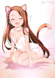 Rule 34 | 1girl, animal ears, arm support, bare legs, bare shoulders, barefoot, bow, bracelet, breasts, brown hair, camisole, cat ears, cat tail, cleavage, closed eyes, earrings, feet, hair bow, hairband, highres, idolmaster, idolmaster (classic), inoue sora, jewelry, leaning forward, long hair, minase iori, open mouth, panties, pink eyes, pink panties, print panties, sitting, small breasts, solo, swept bangs, tail, toes, twitter username, underwear, underwear only, wariza
