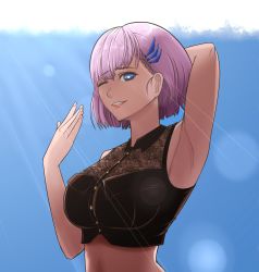 Rule 34 | 1girl, absurdres, arm behind head, arm up, armpits, black shirt, blouse, blue eyes, blue sky, braid, buttons, collared shirt, crop top, fanning, fanning face, glasses, hair ornament, hairclip, highres, hololive, hololive indonesia, holoro, lips, midriff, one eye closed, p.a.l.m, pavolia reine, pink hair, shirt, short hair, single braid, sky, sleeveless, smile, sunlight, upper body, virtual youtuber