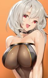 Rule 34 | 1girl, :p, bare shoulders, black choker, breasts, choker, collarbone, copyright request, gradient background, hair between eyes, highres, large breasts, looking at viewer, open mouth, orange background, red eyes, short hair, silver hair, solo, tongue, tongue out, tony guisado, upper body