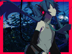 Rule 34 | 1girl, bare shoulders, black skirt, black sleeves, blue eyes, blue hair, blue necktie, border, bright pupils, cable, collared shirt, detached sleeves, fisheye, floating hair, flower, hair ornament, hairclip, hatsune miku, head back, headphones, highres, long hair, looking at viewer, looking down, motion blur, msb (a47630968), necktie, outside border, parted lips, photo background, pleated skirt, puppet strings, red border, shirt, skirt, sleeveless, sleeveless shirt, solo, sunflower, twintails, upper body, vocaloid, white pupils