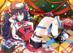 Rule 34 | 10s, 1girl, alternate costume, bare shoulders, barefoot, between toes, black hair, black heart (neptunia), breasts, christmas, christmas tree, d-pad, closed eyes, feet, female focus, gift, hair ornament, hat, kuromai, long hair, neptune (neptunia), neptune (series), noire (neptunia), one eye closed, purple hair, red eyes, ribbon, santa hat, shoes, short hair, single shoe, small breasts, smile, soles, solo, stuffed animal, stuffed toy, toes, tongue, tongue out, twintails, white hair