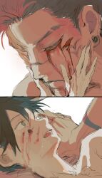 Rule 34 | 2boys, absurdres, arm tattoo, black hair, bleeding, blood, blood on face, crying, extra eyes, facial tattoo, fushiguro megumi, hands on another&#039;s face, highres, injury, jujutsu kaisen, male focus, multiple boys, muscular, muscular male, open mouth, pink hair, ryoumen sukuna (jujutsu kaisen), short hair, size difference, tattoo, woshihedawei, yaoi