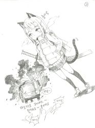 Rule 34 | 1girl, animal ears, backpack, bad id, bad pixiv id, bag, breath, bus, cat ears, cat tail, down jacket, down vest, dutch angle, eyebrows, fire, full body, graphite (medium), greyscale, hair ornament, hairclip, hands in pockets, highres, jacket, katana, kneehighs, korean text, long hair, looking at viewer, monochrome, motor vehicle, original, scan, shadow, sheath, sheathed, shoes, shufflebox, skirt, sneakers, socks, solo, standing, sword, tail, traditional media, translation request, vest, weapon, white background