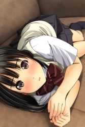Rule 34 | 1girl, absurdres, arms up, black hair, black skirt, black socks, blush, bow, brown eyes, couch, diagonal stripes, fingernails, highres, looking at viewer, lying, matsunaga kouyou, no shoes, nose blush, on couch, on side, original, parted lips, pleated skirt, red bow, school uniform, shirt, short sleeves, sidelocks, skirt, socks, solo, striped, striped bow, sweater vest, white shirt