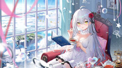 Rule 34 | 1girl, :o, ahoge, armchair, black bow, black ribbon, blue sky, blush, book, bow, bow legwear, braid, breasts, bubble, chair, choker, cleavage, cloud, cowboy shot, cup, curtains, drawing (object), dress, febee, fish, floating island, flower, flying fish, frilled choker, frills, glass teapot, hair flower, hair ornament, hair ribbon, heart bubbles, highres, holding, holding cup, hourglass, indie virtual youtuber, indoors, jellyfish, lace, lace-trimmed dress, lace trim, large breasts, long hair, magic circle, neckerchief, on chair, open book, picture frame, pink ribbon, plate, reading, red flower, red rose, ribbon, rose, short sleeves, side braid, sitting, sky, solo, star (symbol), tea, teapot, thigh strap, thighhighs, v-neck, virtual youtuber, water drop, white choker, white dress, white hair, white thighhighs, window, yellow eyes, yukizawa xueze
