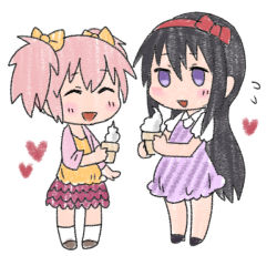 Rule 34 | 10s, 2girls, :d, akemi homura, bad id, bad pixiv id, black hair, bow, casual, chibi, closed eyes, food, hair bow, hair ribbon, heart, ice cream, kaname madoka, long hair, looking at another, mahou shoujo madoka magica, mahou shoujo madoka magica: hangyaku no monogatari, multiple girls, open mouth, pink hair, purple eyes, ribbon, short hair, short twintails, simple background, smile, twintails, when you see it, white background, yukasuke, yuri
