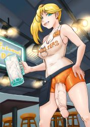 Rule 34 | 1futa, aqua eyes, bar censor, bare shoulders, blonde hair, brand name imitation, breasts, censored, covered erect nipples, cum, cum in container, cum in cup, cumdrip, cup, ejaculation, eva (neone), from below, futanari, grin, holding, holding cup, hooters, indoors, jug (bottle), large breasts, large penis, long hair, looking at viewer, neone, original, penis, side ponytail, smile, solo, standing, uncensored, veins, veiny penis