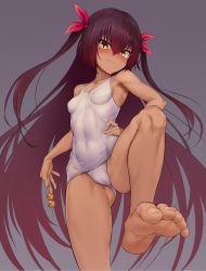 Rule 34 | 1girl, aomoro, armpits, barefoot, breasts, brown hair, cameltoe, covered navel, dark skin, doyagao, feet, food, gluteal fold, greek toe, groin, hair ribbon, highres, long hair, looking at viewer, master nemesis, naughty face, one-piece swimsuit, purple hair, red ribbon, ribbon, school swimsuit, small breasts, smile, smug, soles, solo, swimsuit, tan, to love-ru, to love-ru darkness, toes, white one-piece swimsuit, yellow eyes