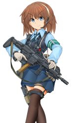 Rule 34 | 1girl, armband, assault rifle, black thighhighs, black vest, blue eyes, blue shirt, blue skirt, brown hair, bulletproof vest, closed mouth, collared shirt, commentary request, gloves, green armband, green necktie, gun, hairband, headset, highres, holster, holstered, long sleeves, looking at viewer, mikeran (mikelan), miniskirt, necktie, original, partial commentary, police, police uniform, policewoman, radio, rifle, scope, shirt, short hair, simple background, skirt, smile, solo, standing, thigh holster, thighhighs, trigger discipline, uniform, v-shaped eyebrows, vest, weapon, weapon request, white background, white gloves, wing collar, yellow hairband, zipper