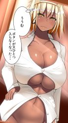 Rule 34 | 1girl, blonde hair, bottomless, breasts squeezed together, breasts, cleavage, collarbone, dark skin, dark-skinned female, highres, huge breasts, naked shirt, navel, open clothes, open shirt, original, out-of-frame censoring, shirt, solo, souma (ordures), straining buttons, tan, translated, underboob, undersized clothes, yellow eyes