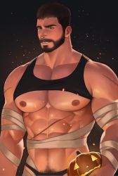 Rule 34 | 1boy, abs, bandages, bara, bare pectorals, black hair, black tank top, chris redfield, clothes lift, facial hair, gr goden, halloween costume, highres, holding, jack-o&#039;-lantern, large pectorals, male focus, mummy costume, muscular, muscular male, navel, nipples, pectorals, resident evil, short hair, solo, tank top