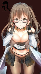 Rule 34 | 1girl, ?, ??, adjusting eyewear, belt, black panties, blush, breasts, brown background, brown eyes, brown hair, brown pantyhose, buckle, choker, cleavage, collarbone, commentary, commentary request, cowboy shot, fingerless gloves, girls&#039; frontline, glasses, gloves, hair ornament, hairclip, hand in own hair, hand on eyewear, hands on own face, highres, k2 (girls&#039; frontline), leaning forward, long hair, long sleeves, looking at viewer, medium breasts, miniskirt, navel, one side up, open mouth, panties, pantyhose, septet (zrca janne), side ponytail, sidelocks, simple background, skirt, smile, solo, standing, stomach, strap, thighband pantyhose, underwear